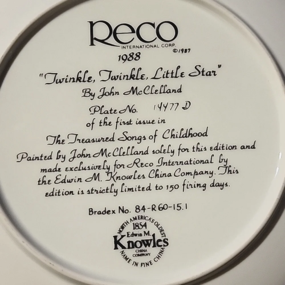 Vtg 87 Reco Intnl Twinkle Twinkle Little Star John McClellan 1st Issue Plate